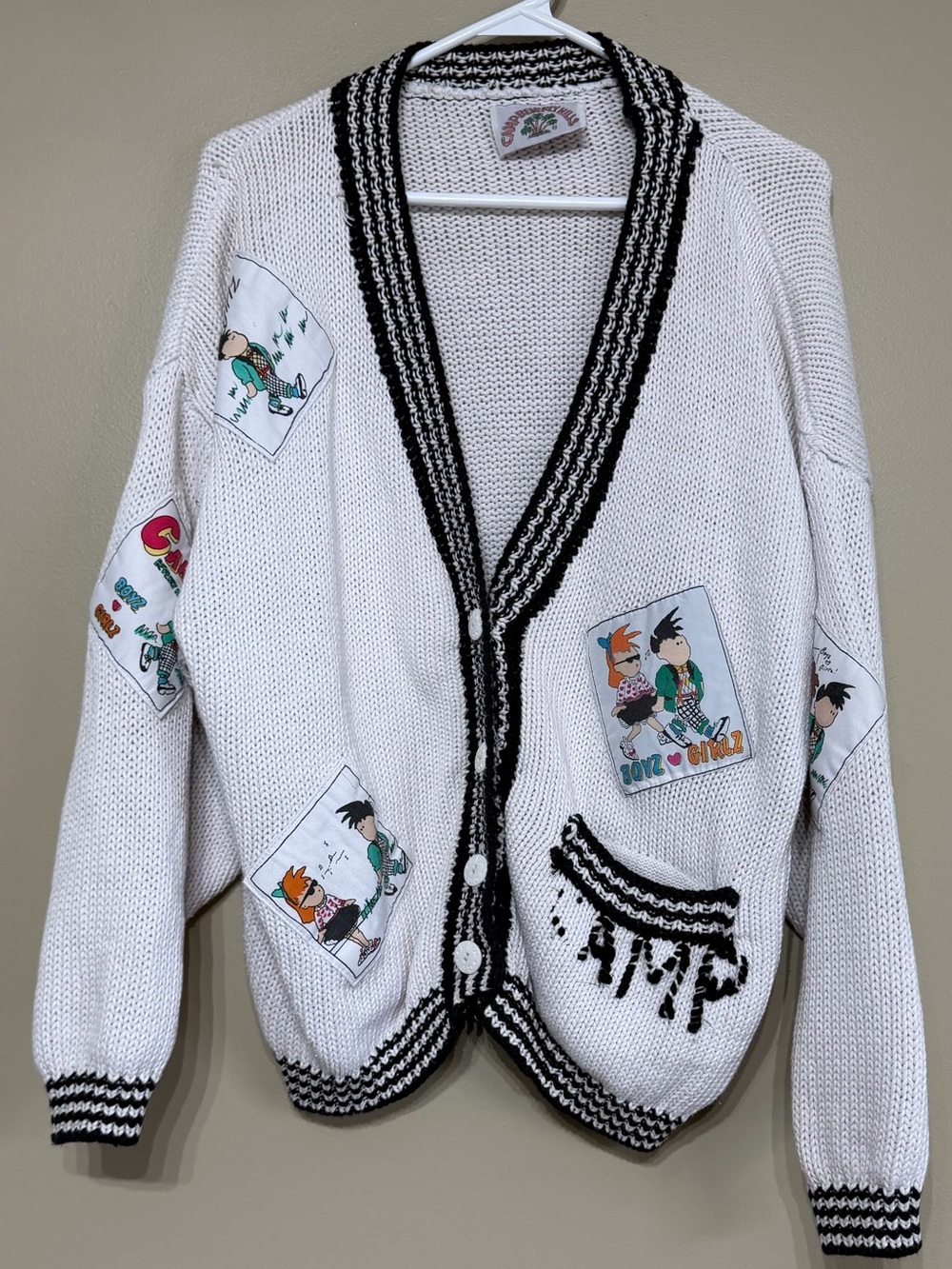 Vintage Camp Beverly Hills Chunky Knit Patchwork Cartoon Oversized Cardigan